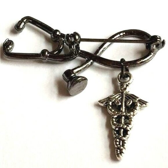 Medical Caduceus Stethoscope Pin Brooch Silver Plated Graduation Gift RN MD LPN - Picture 2 of 9